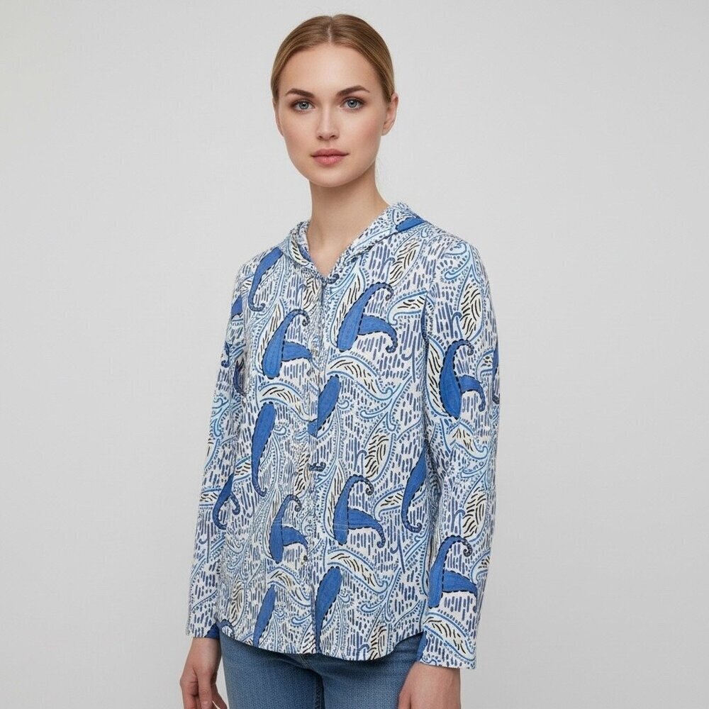 Fresh Produce Blue & White Abstract Print Cotton Hoodie Jacket Size XL